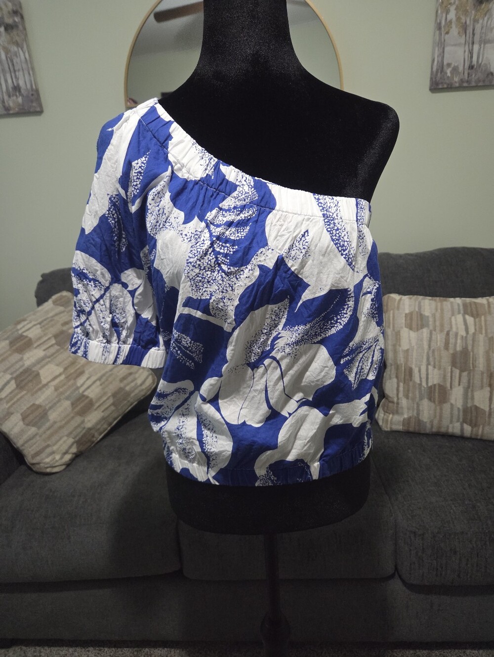Wonderly Blue and White One-Shoulder Tunic Top